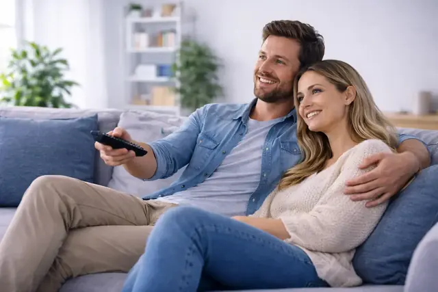 A family watching NIGMATV on the living-room television